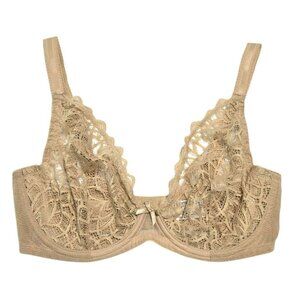 Glamorise Lace Underwire Bra 34DD Beige Nude Sheer Floral Lingerie Wonderwire